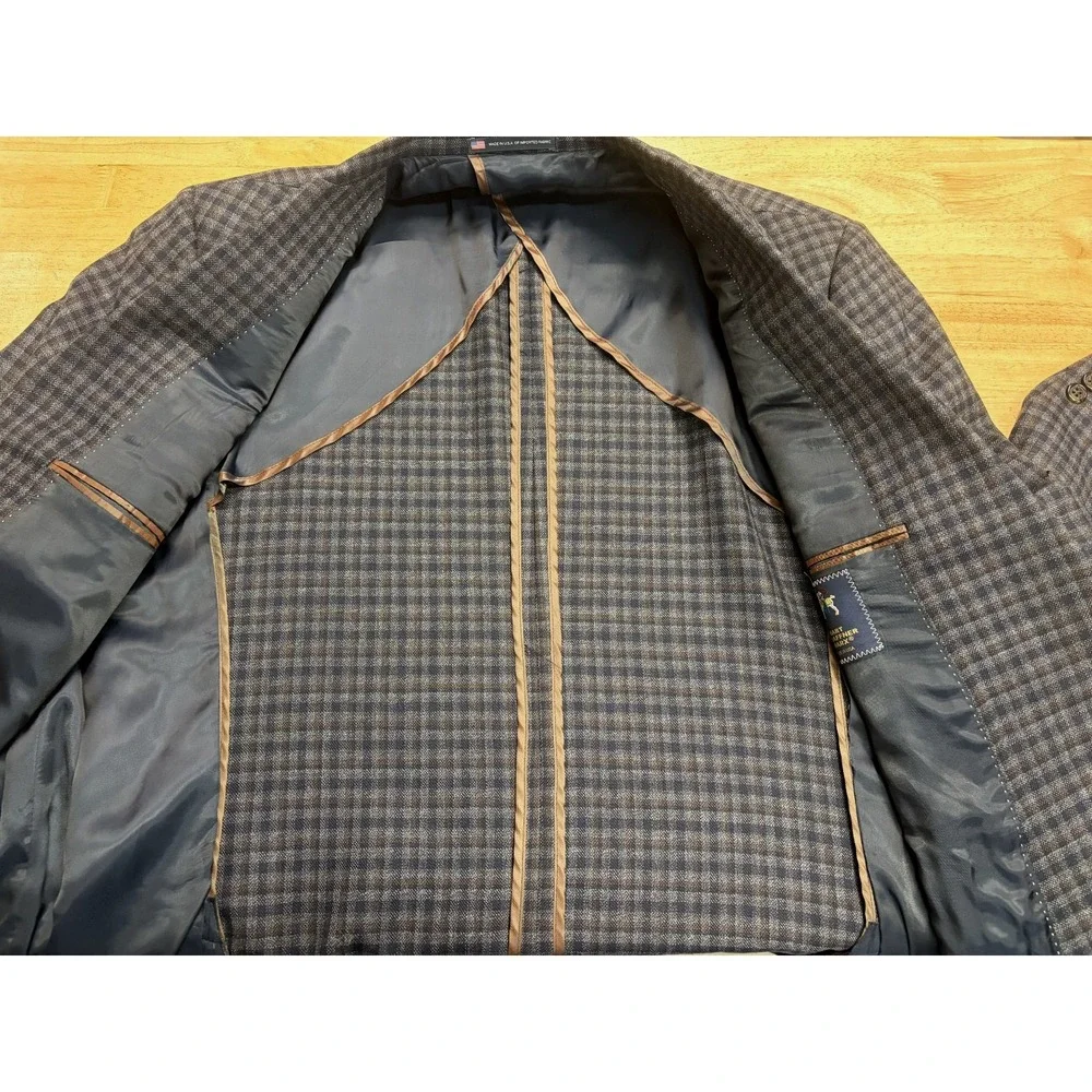 Mens Hart Schaffner Marx Sport Coat Jacket Size 48L Plaid Blue Brown USA Made